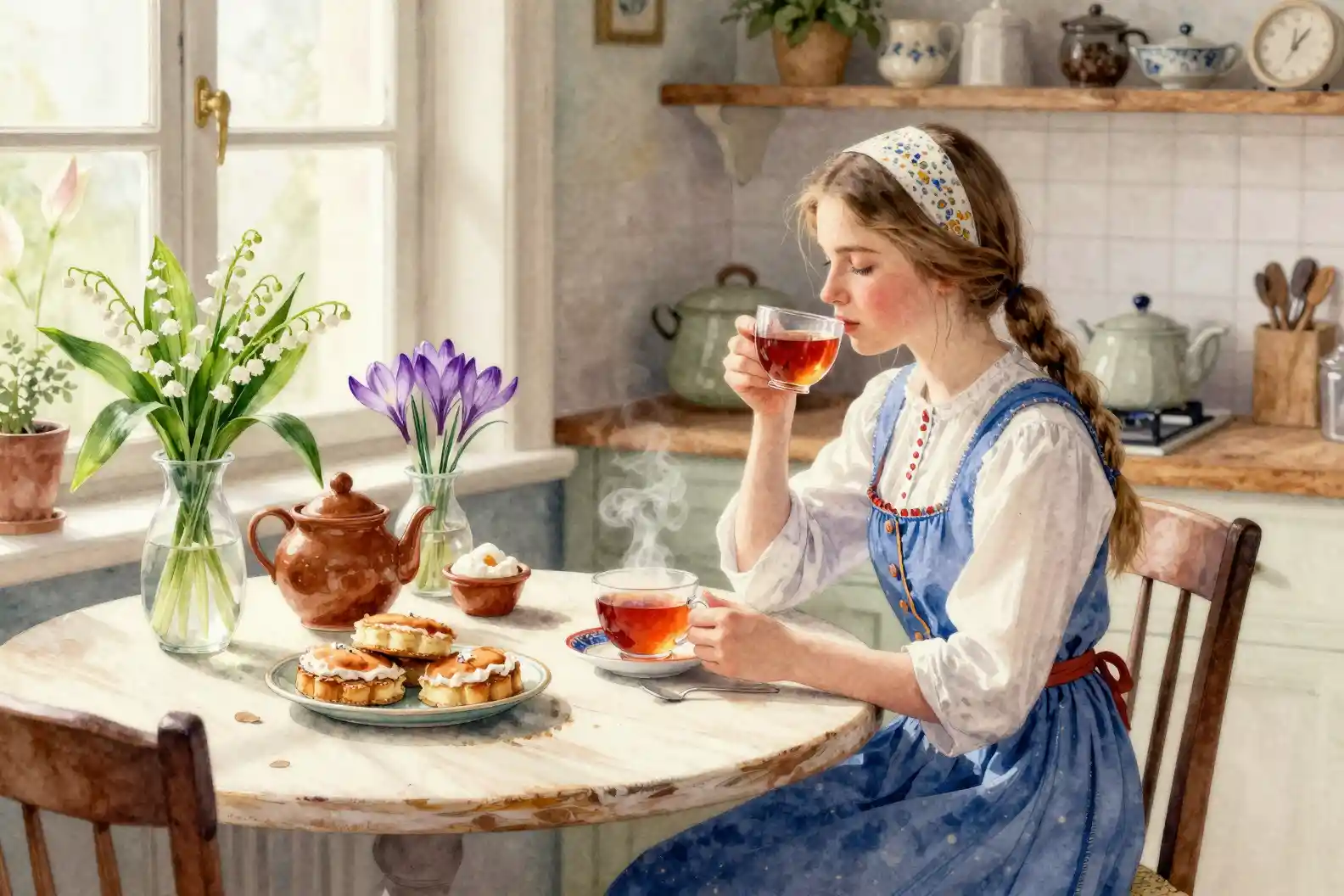 Peasant girl drinking tea in a cozy morning kitchen