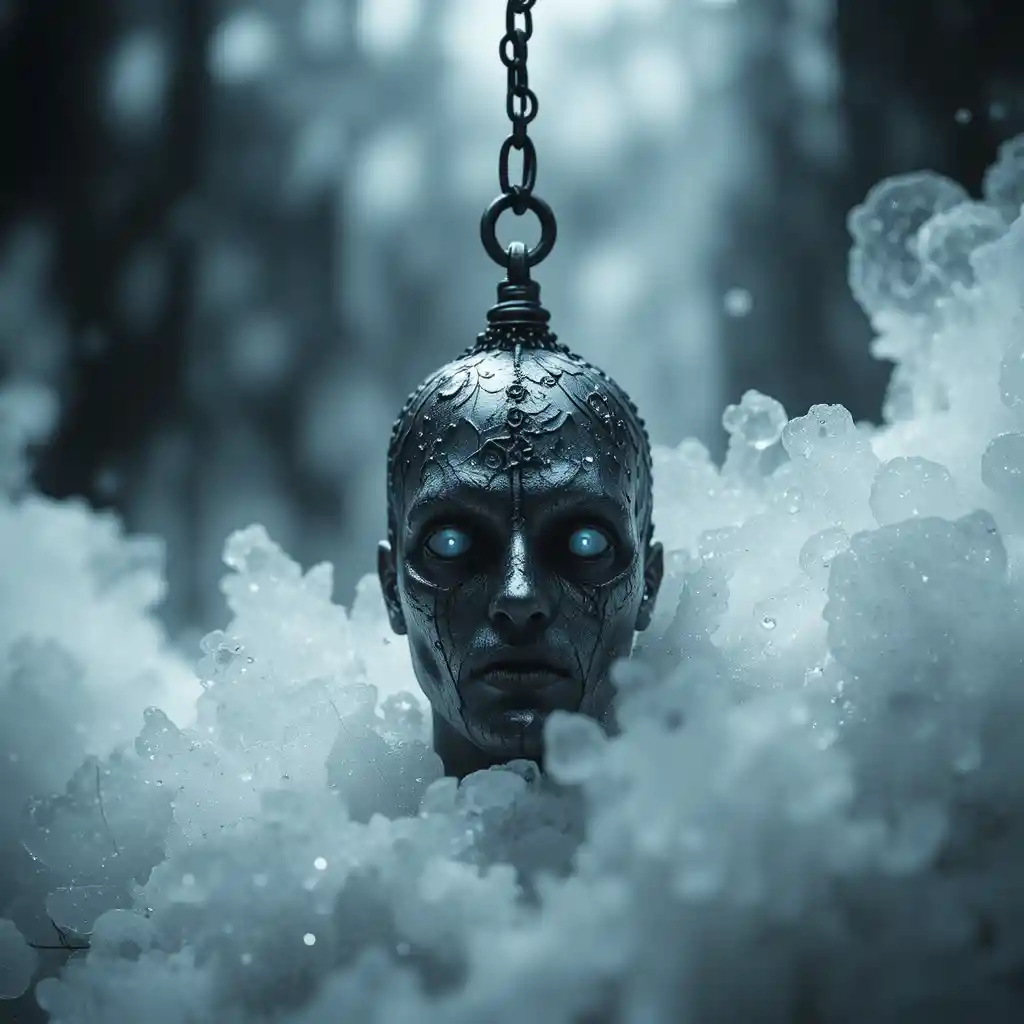 Ancient silver pendant hanging on a dark pine branch