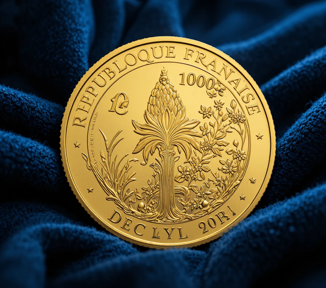 Macro gold coin with intricate French engraving