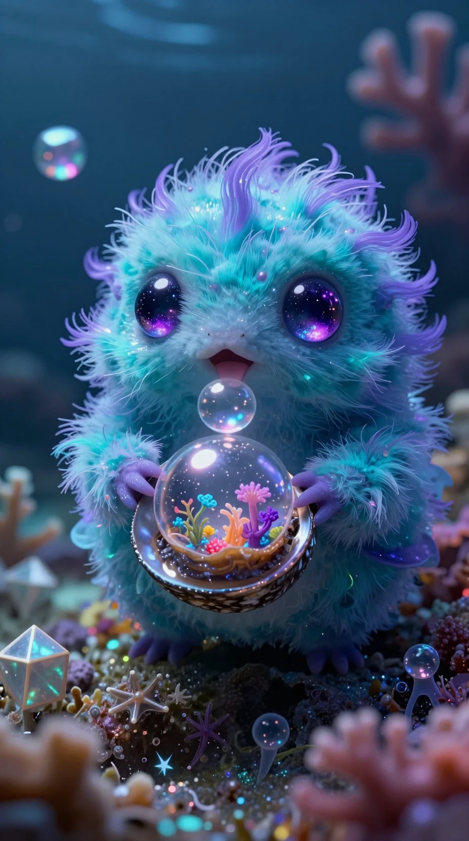 Tiny iridescent sea creature holding a glowing shell