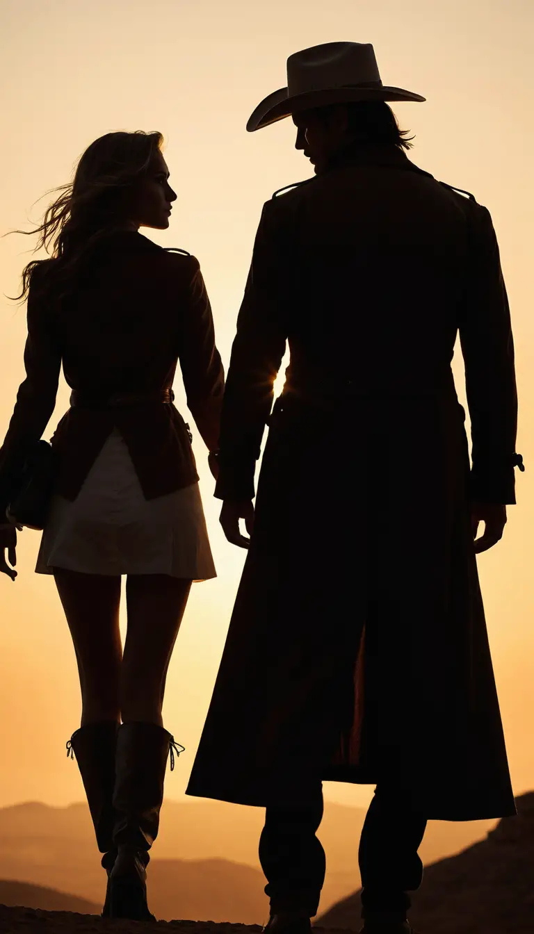 Romantic cowboy couple portrait in a wild west night