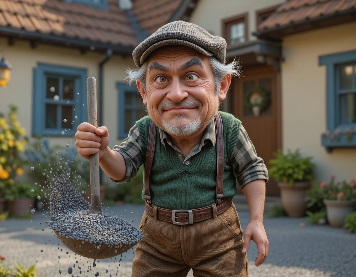 Abuelo gruñón lanzando grava en el patio de una casa de campo
