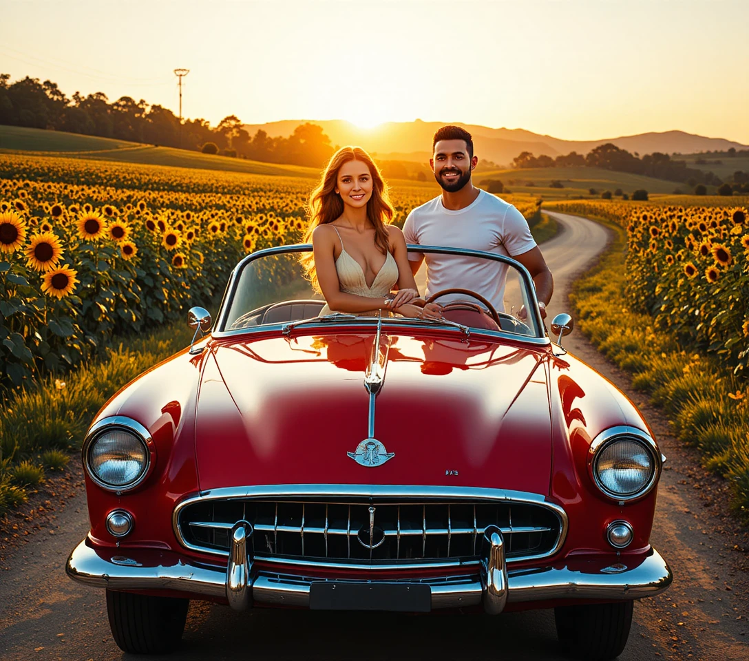 Couple Embracing Beside Red Convertible At Sunset