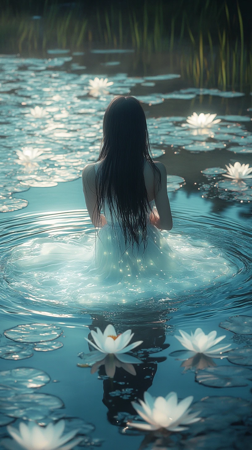 Girl in glowing pond surrounded by luminous lotus flowers