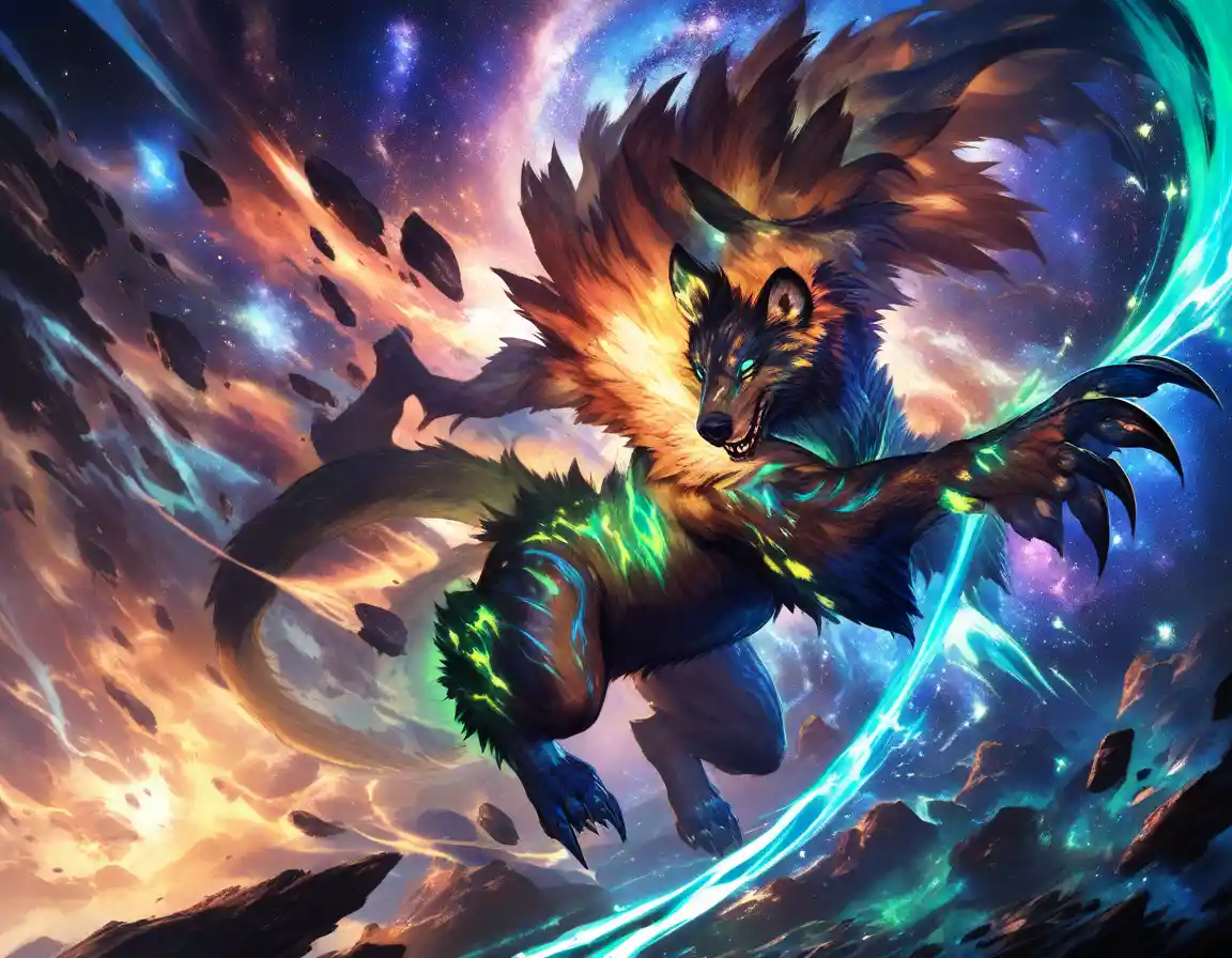 Anime-Fantasy-Bestie, die durch wirbelnde kosmische Energie springt