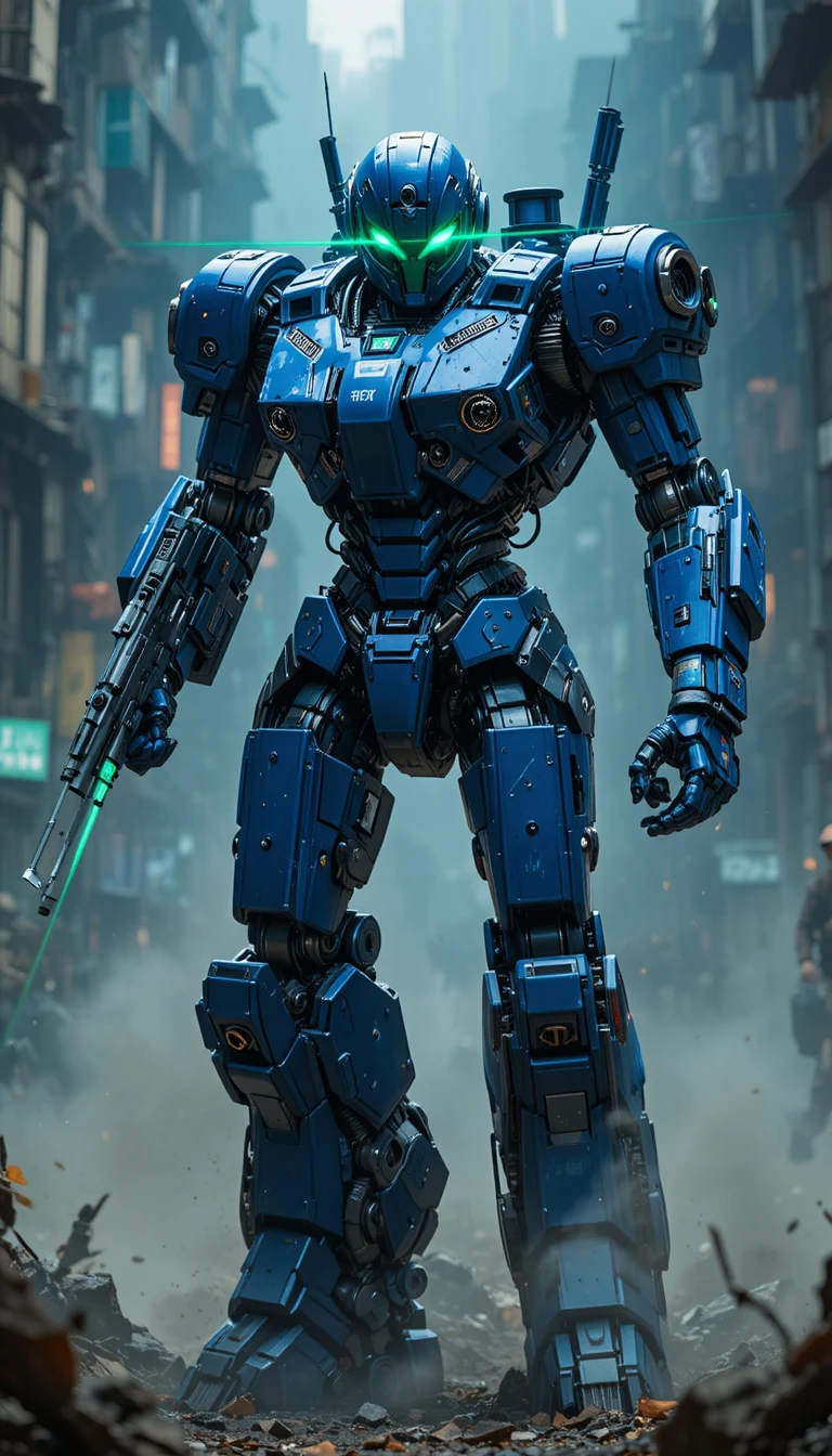 Robô de combate azul cobalto disparando visão a laser verde