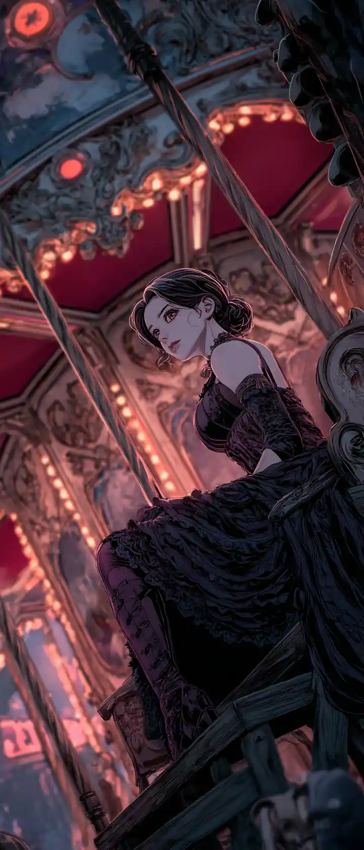 Anime gothic woman on a decaying carousel horse
