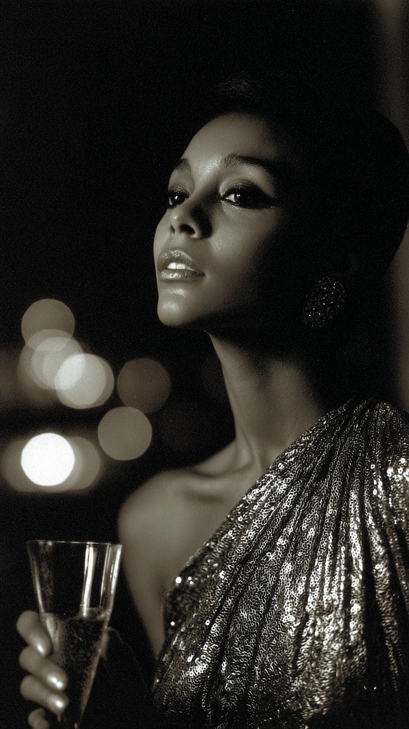 Elegant black model on Paris balcony at midnight