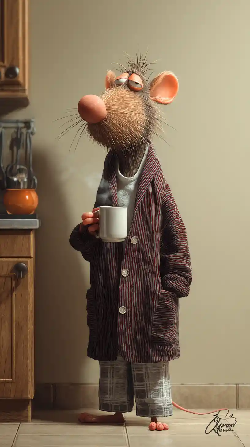Sleepy 3d cartoon mouse with coffee in kitchen