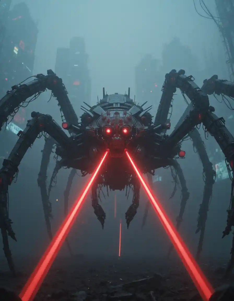 Cybernetic spider war machine with red lasers in fog
