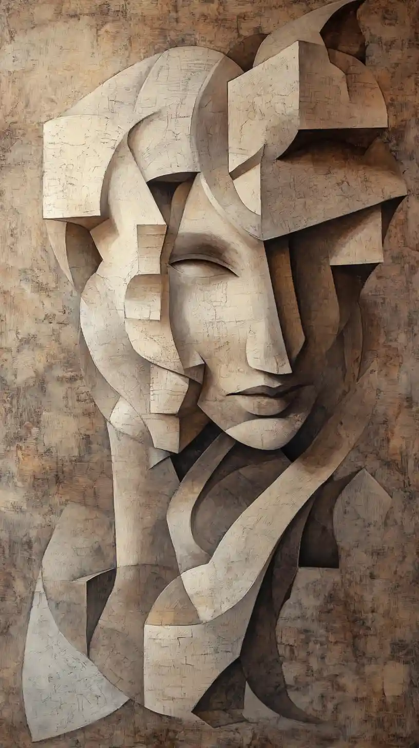 Volti cubisti surreali fusi in forme di pietra scolpite