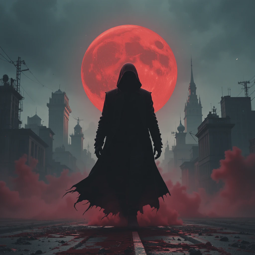 Figura sombría cruzando una calle de ciudad manchada de sangre bajo la luna de sangre