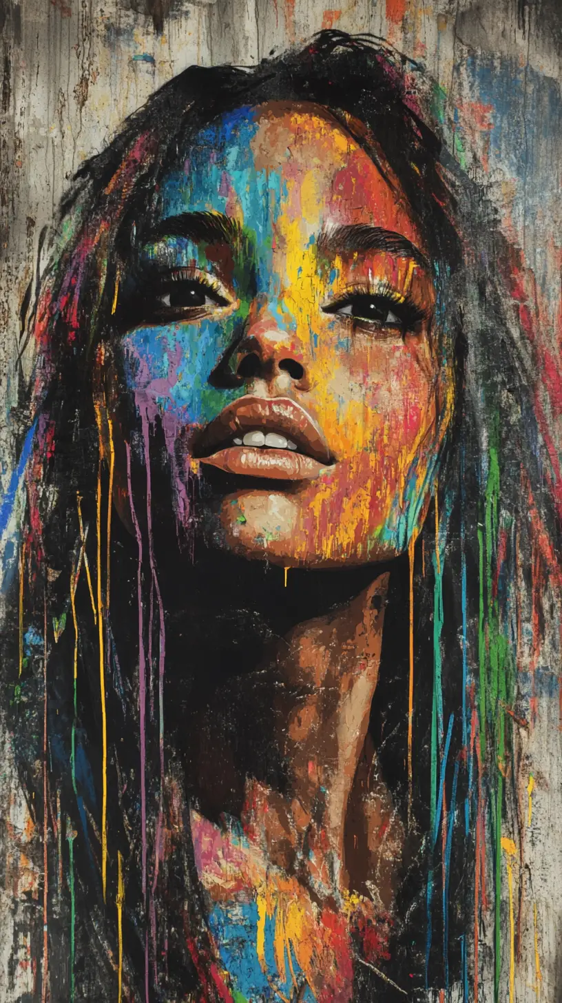 Colorful street art portrait of a serene painted woman