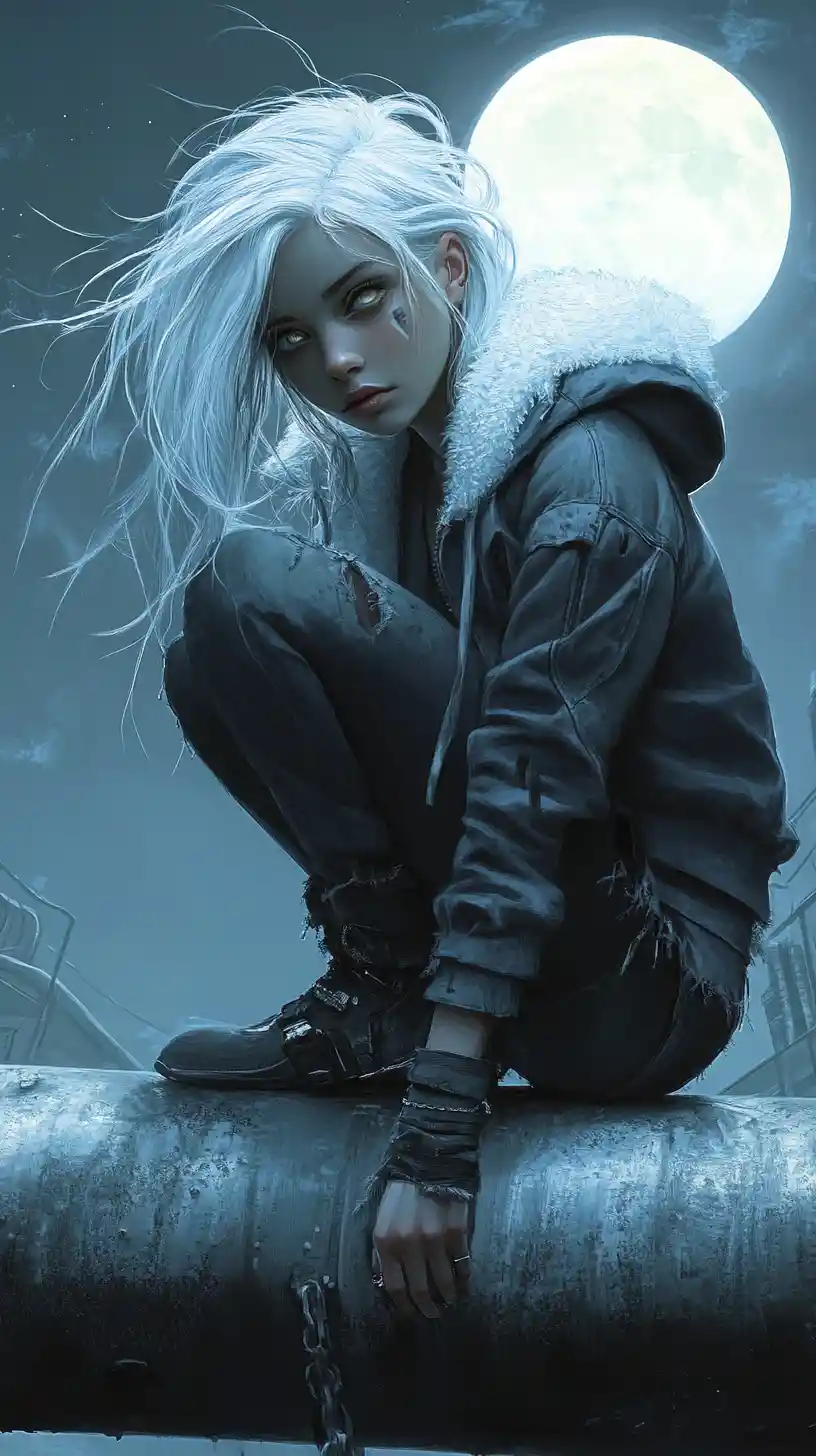 White haired woman on a pipe in a cold industrial night