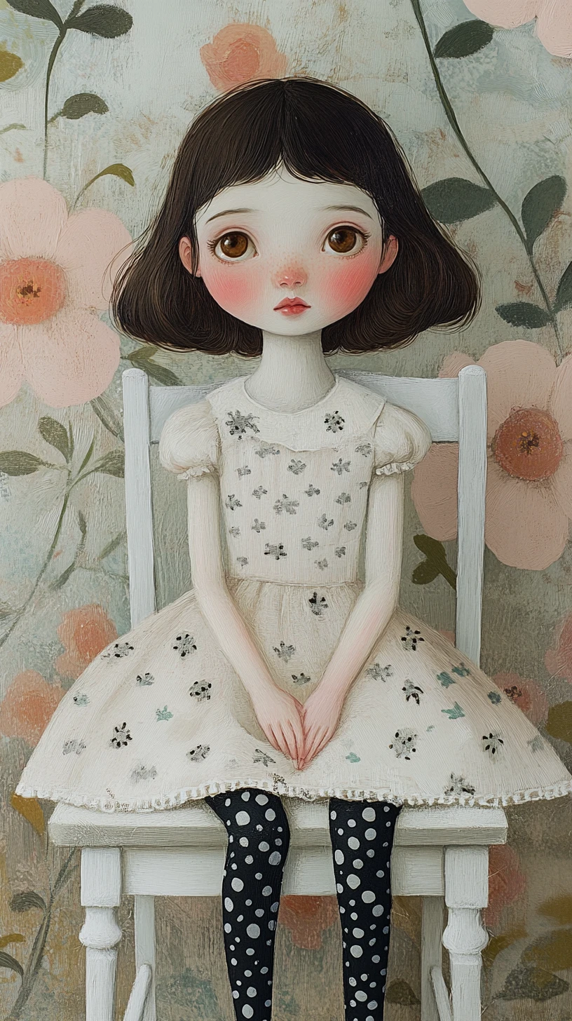 Anime girl on white chair with floral pink wallpaper