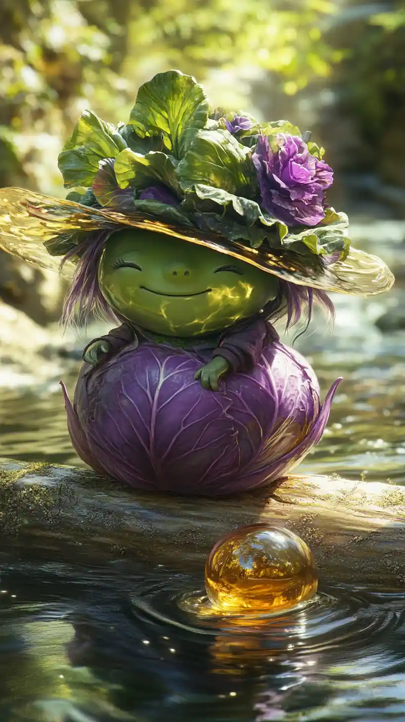 Girl Faced Cabbage Guiding Amber Glass Ball On Stream