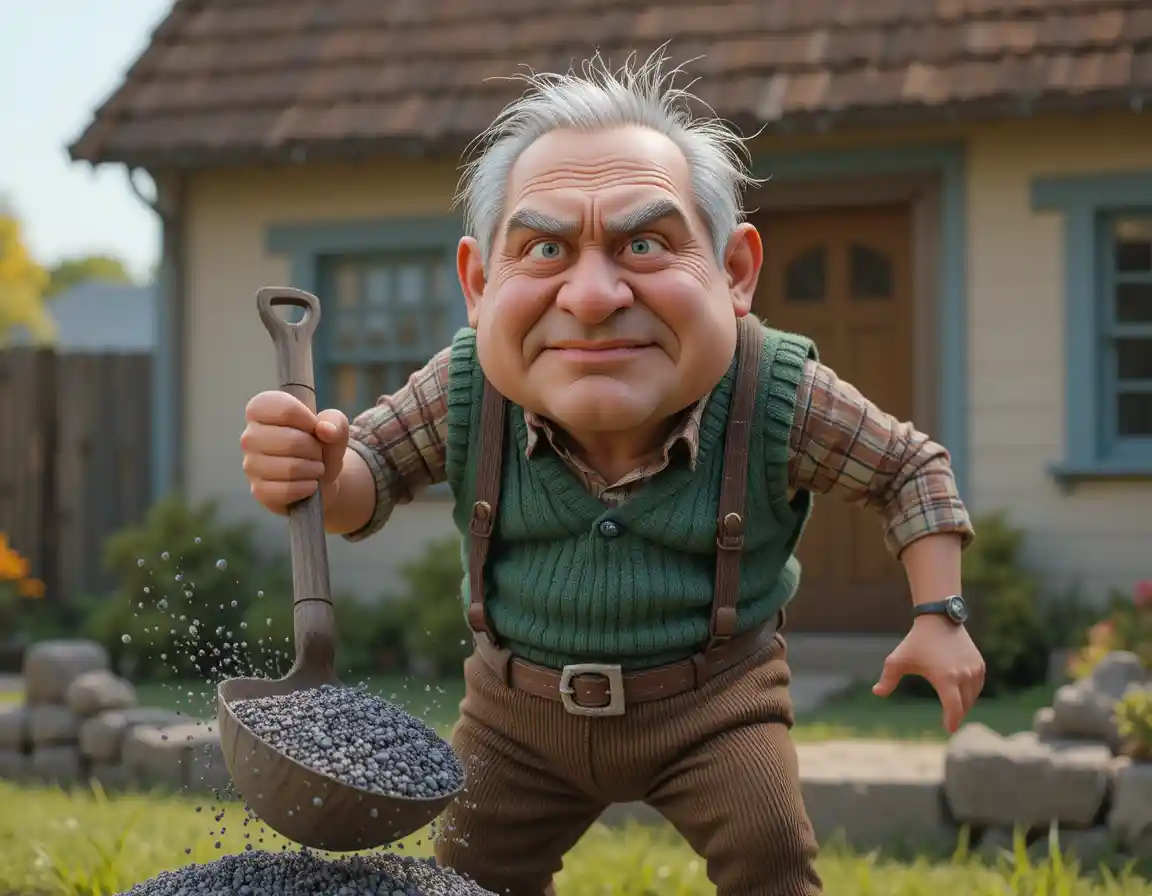 Grumpy Grandfather Shoveling Gravel In A 3D Cartoon Yard