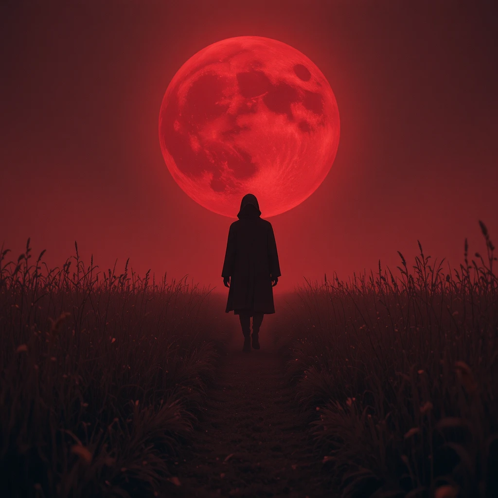 Figura oscura che attraversa un campo sotto una luna rosso sangue