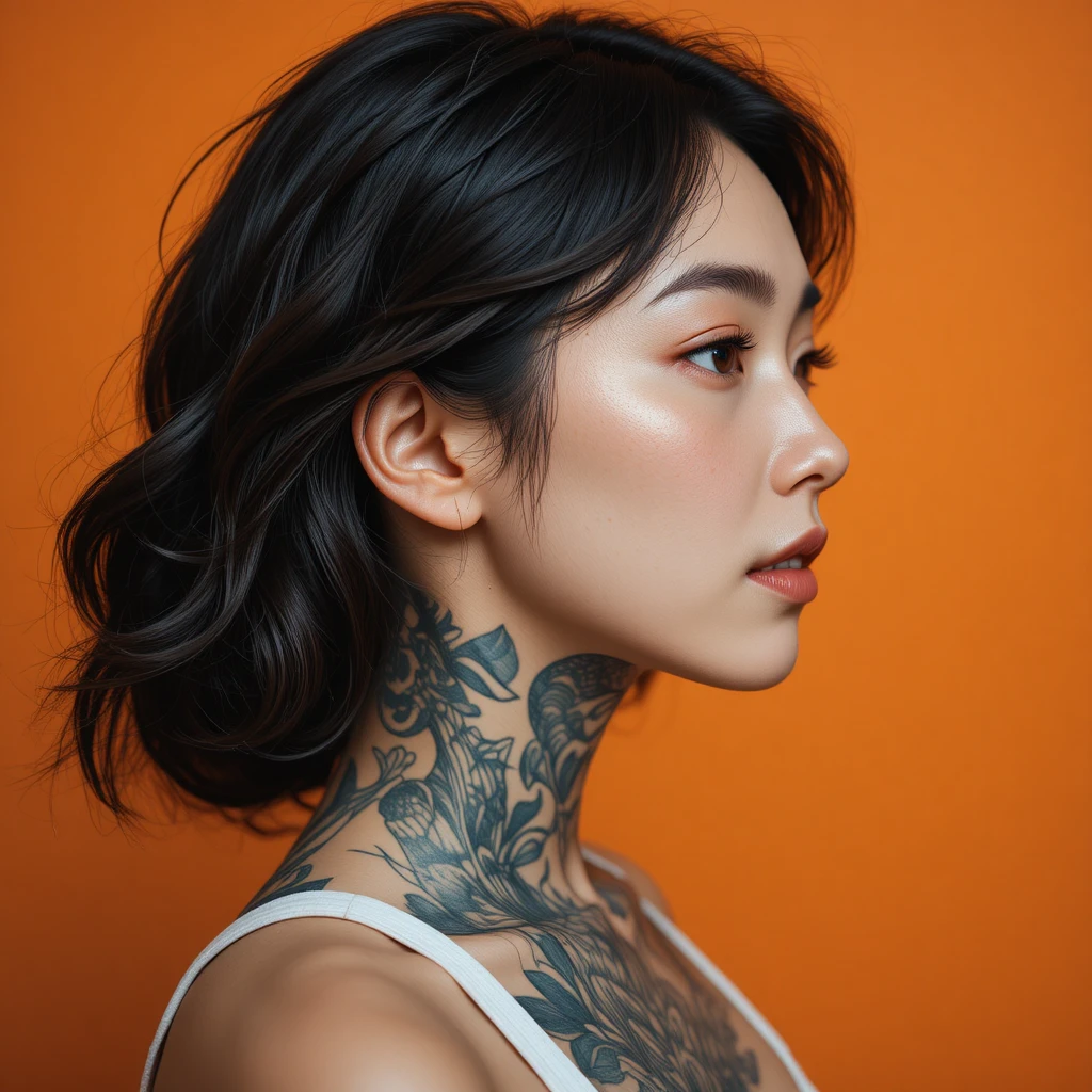 주황색 배경 앞에 선 문신 여성의 프로필 초상