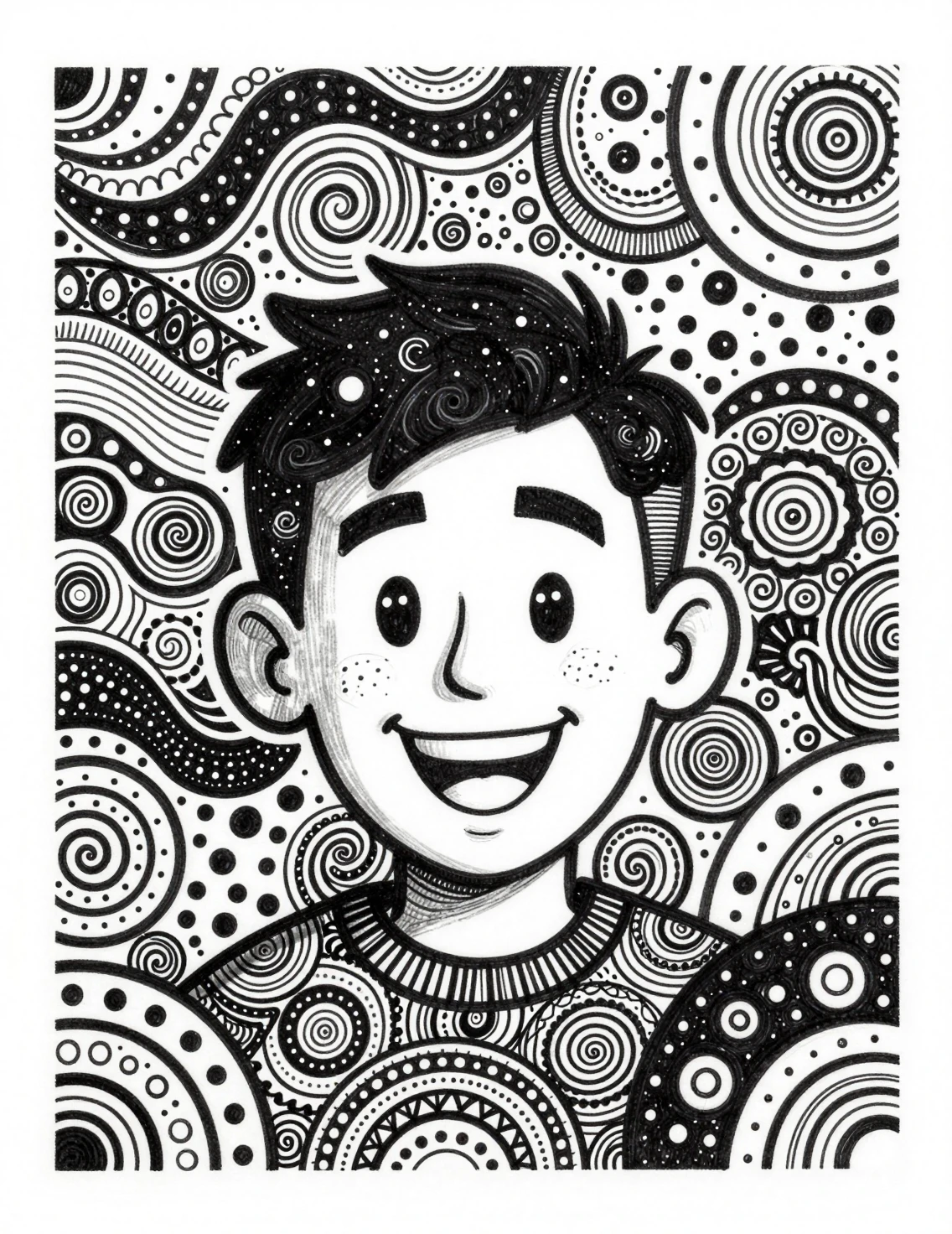 Retrato zentangle juguetón de un hombre sonriente con orejas grandes