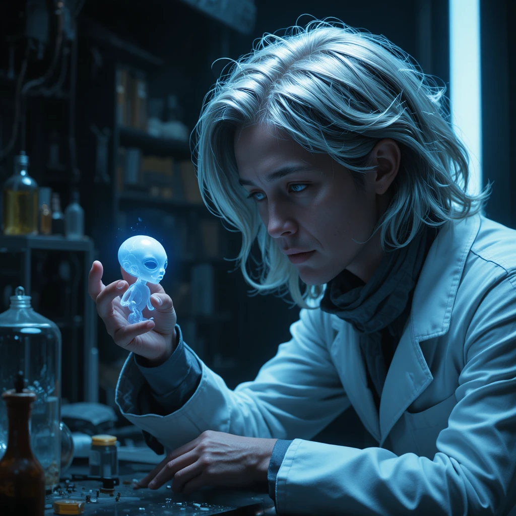 Científico estudiando a un alienígena azul brillante en un laboratorio oscuro