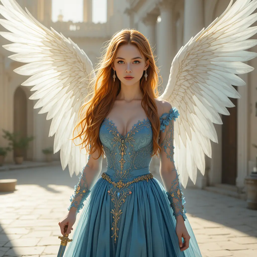 Fantasy woman with dagger in a sunlit angelic courtyard