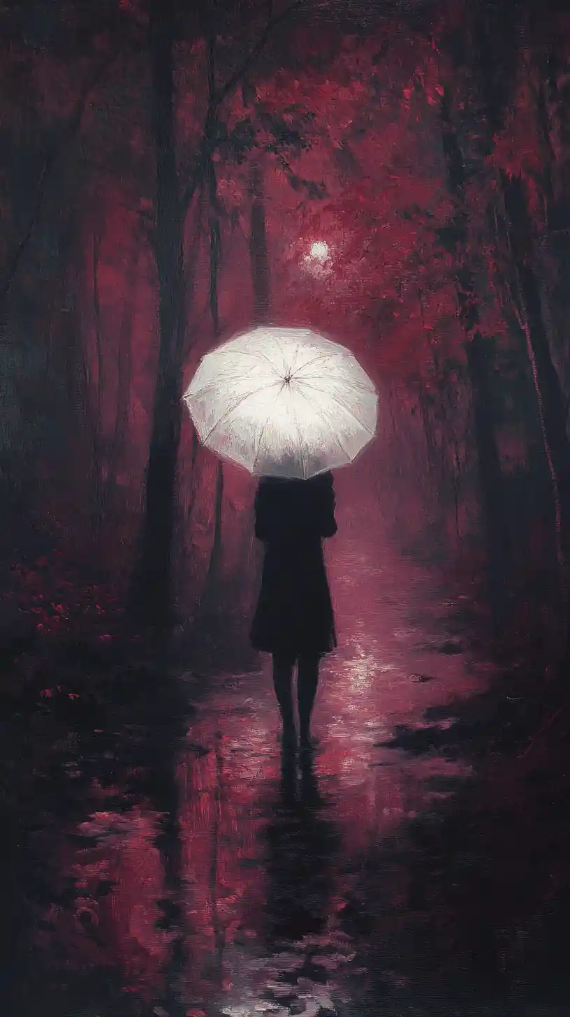 白色雨傘下的身影於迷霧紅色森林
