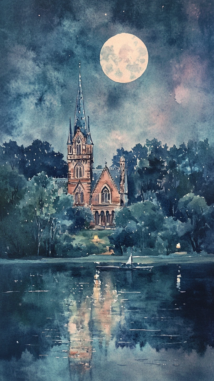 Watercolor night village by a lake with moonlit tower