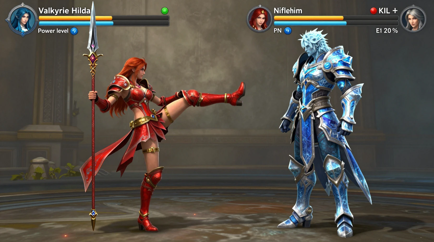 Fantasy warrior woman high kick on video game battle stage