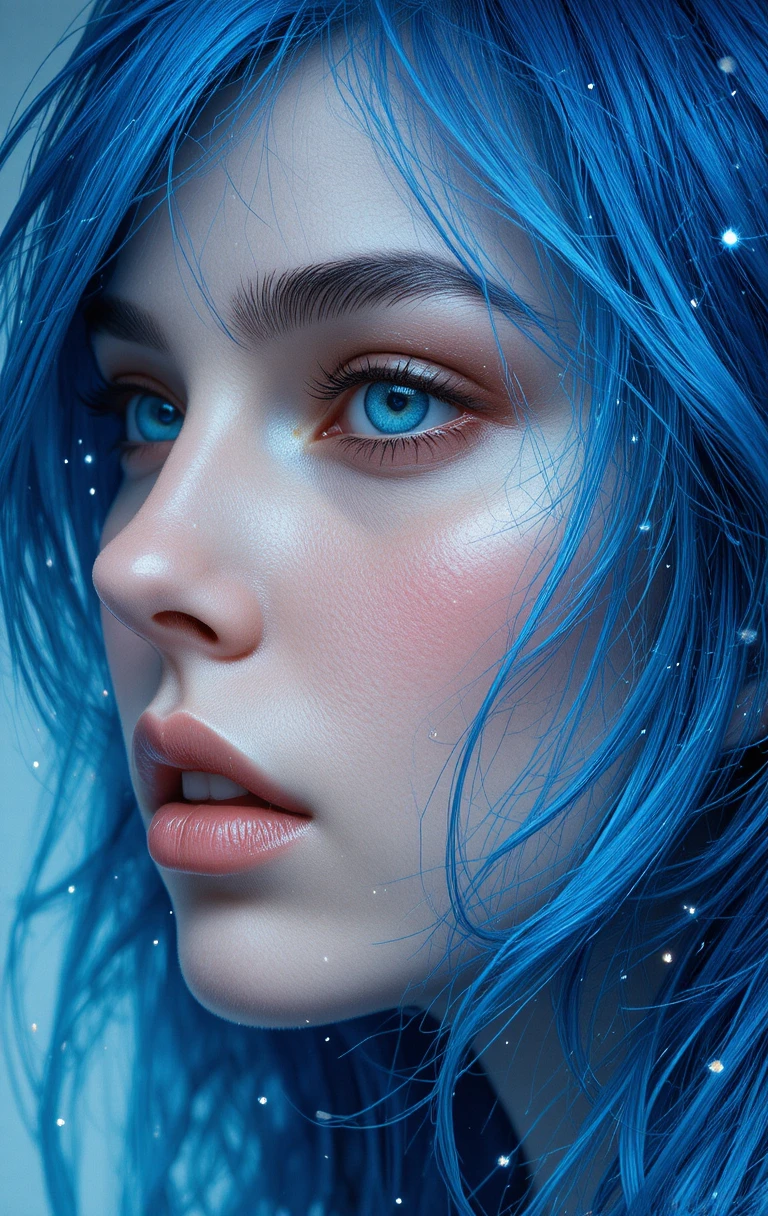 Extreme close up portrait of a blue textured woman face