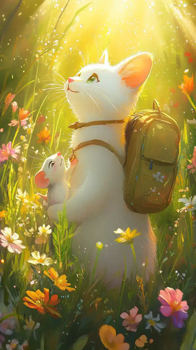 White cat and smiling mouse in a sunny green meadow