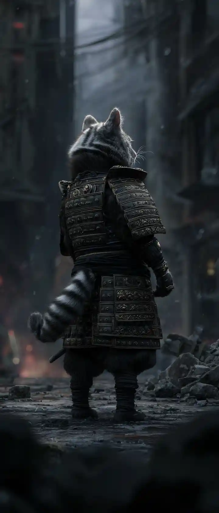 Anthropomorphic samurai cat in armor in ruined city