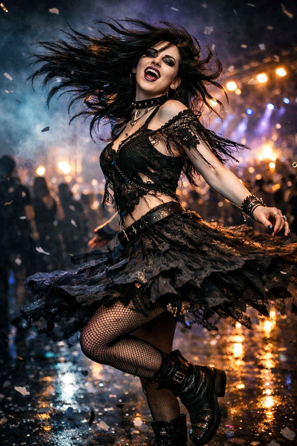 Gothic woman dancing wildly at a dark wave festival