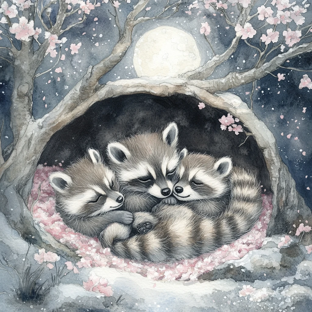 Aquarell-Waschbärenjunge, die in einer mondbeschienenen Waldhöhle kuscheln