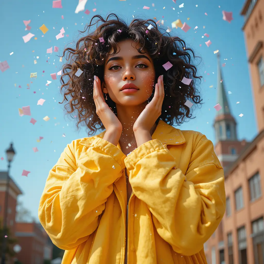 Woman in yellow jacket surrounded by pastel confetti