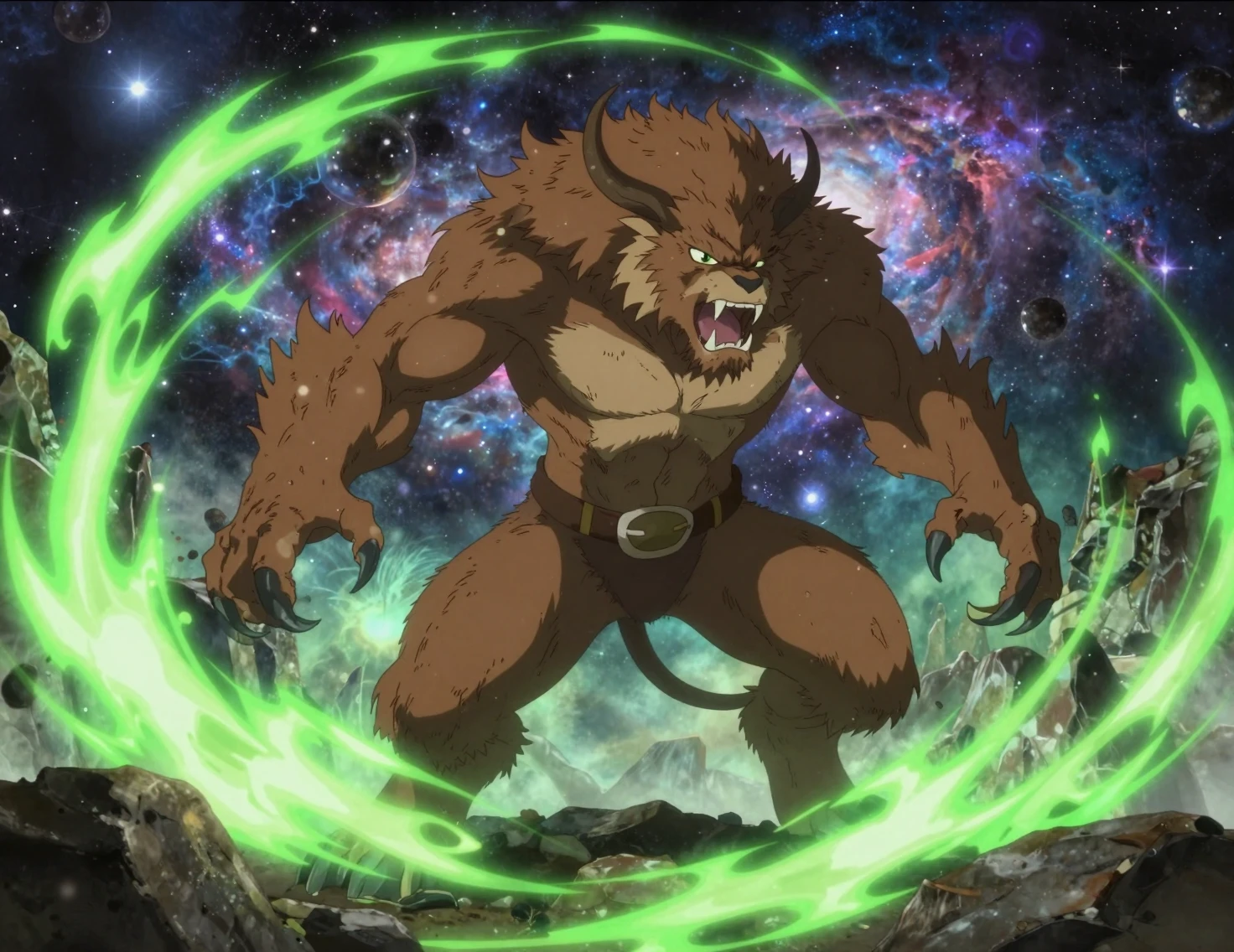 Ferocious Fantasy Beast Lunging Through Cosmic Energy