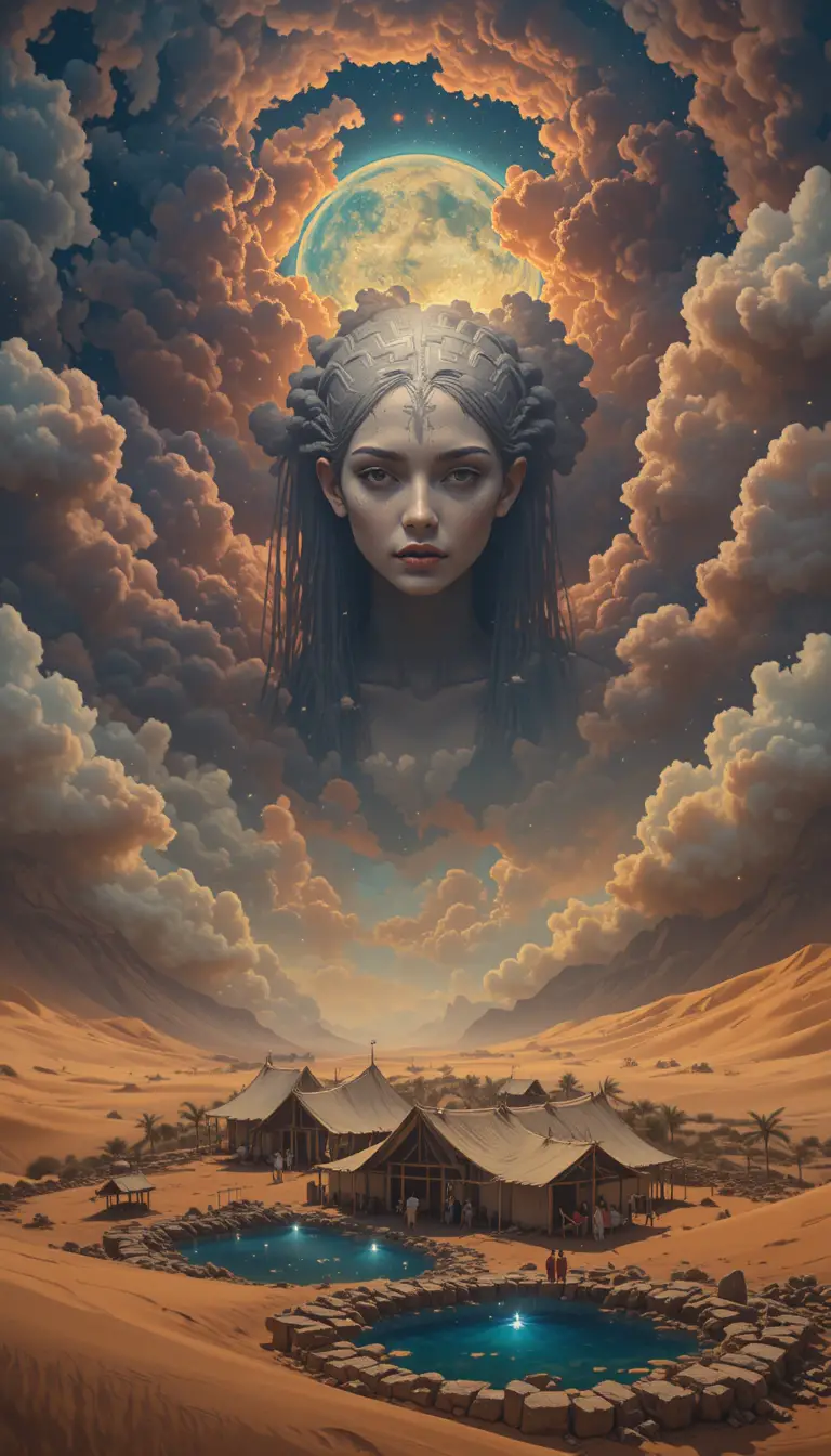Surreal desert spirits watching over a moonlit oasis village