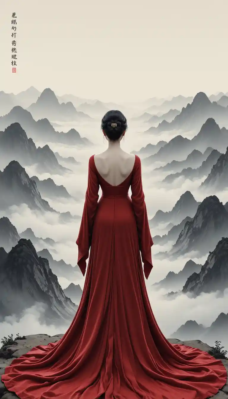 Mujer con vestido carmesí contemplando vastas montañas a tinta