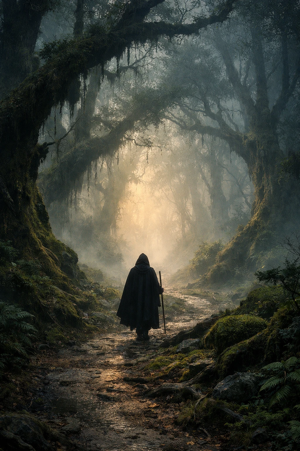 Viaggiatore solitario incappucciato su un sentiero verso una foresta luminosa e nebbiosa