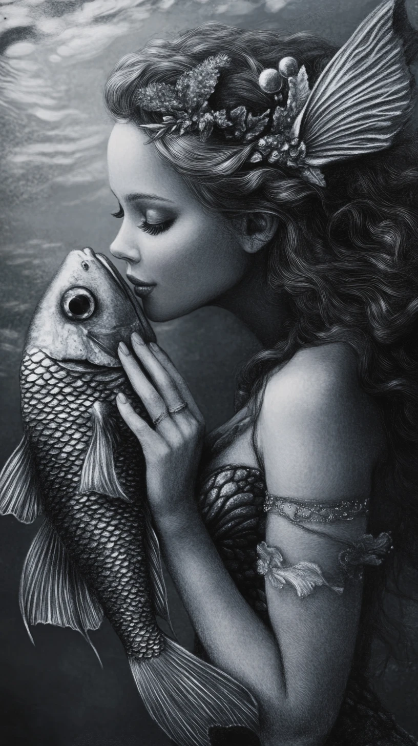 Charcoal portrait of a mermaid with shimmering scaled skin