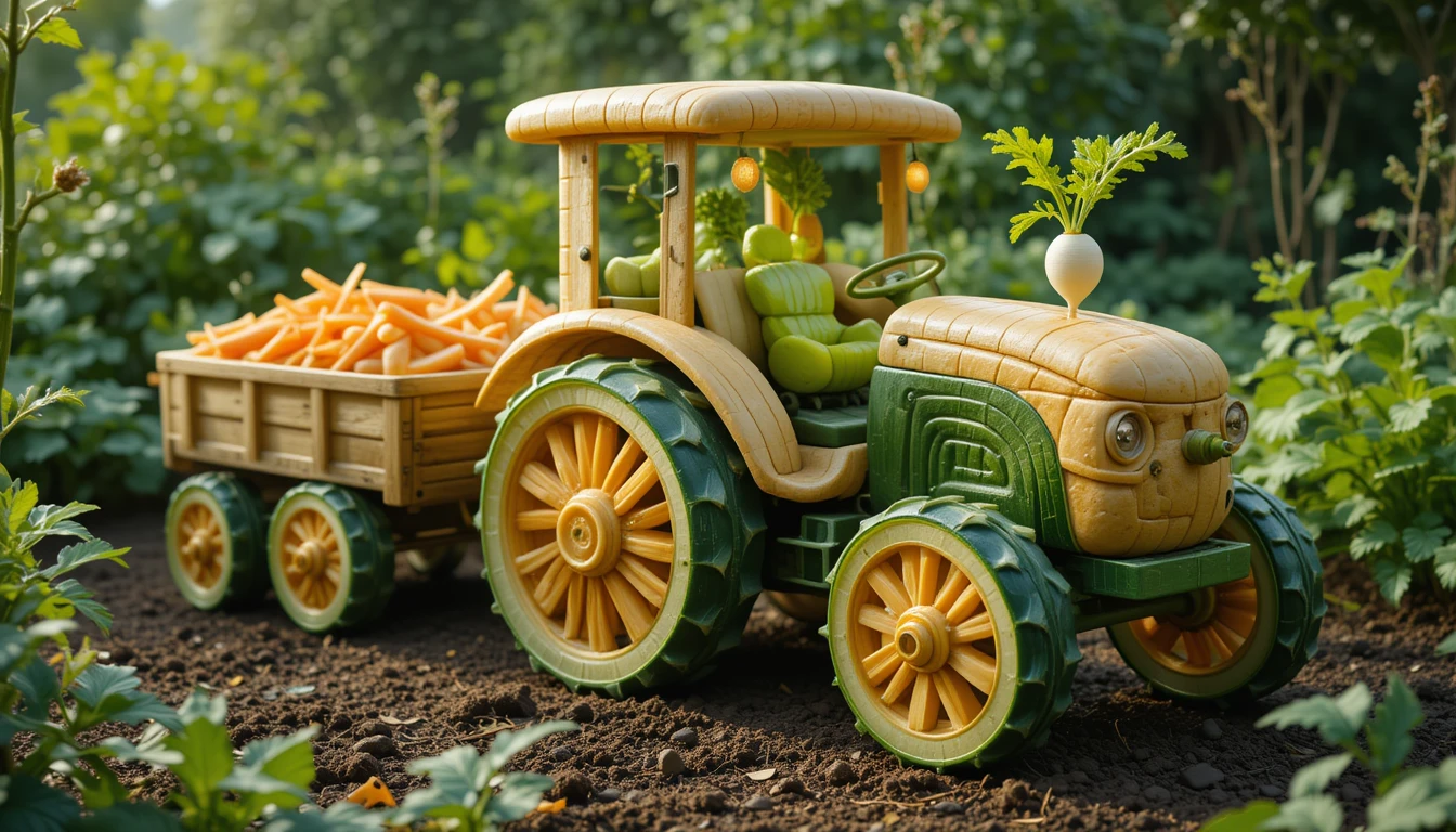 Whimsical vegetable tractor with fruit trailer in garden