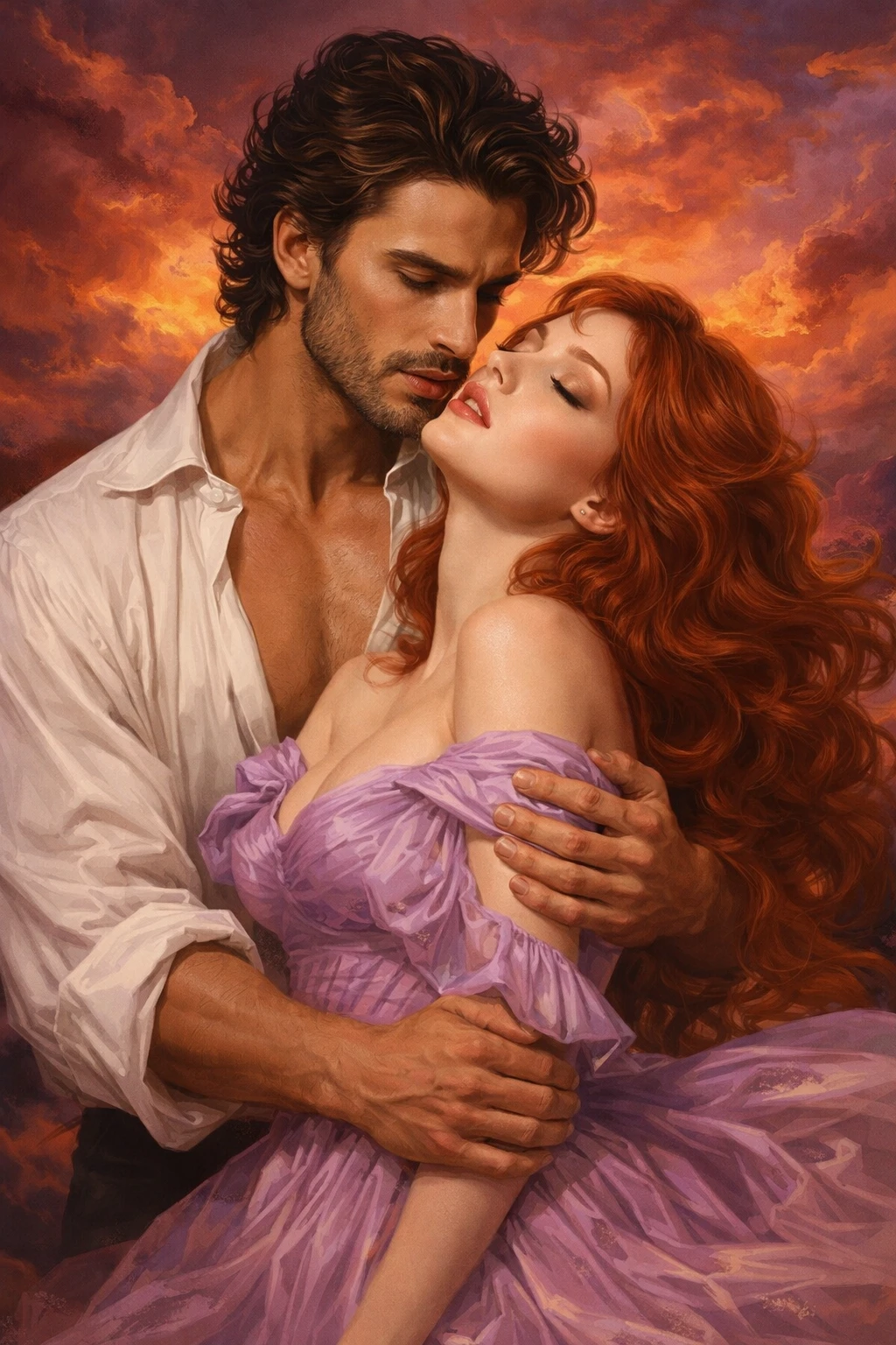 Romantic couple embracing like a classic novel cover