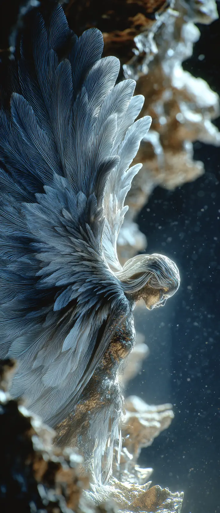 Sad angel drifting away from earth into cosmic void