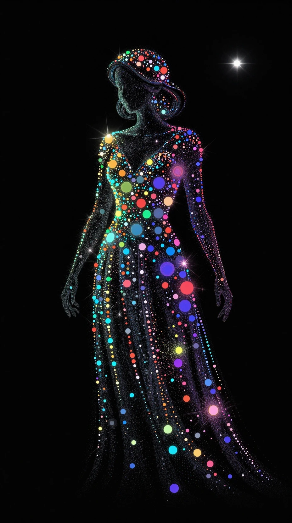 Surreale leuchtende Punkt-Silhouette vor kosmisch schwarzem Hintergrund