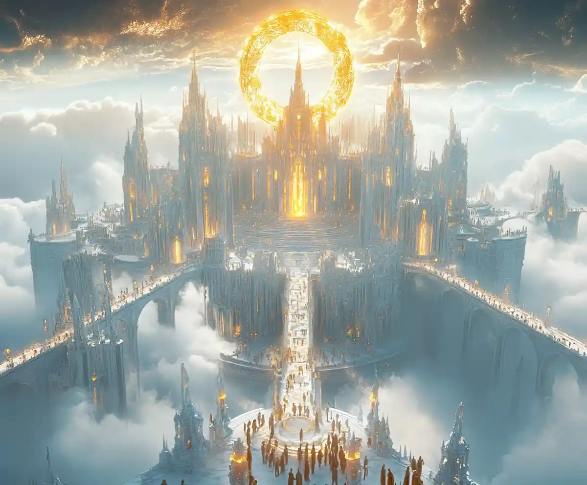 Enchanted Sky City With Radiant Portal Above Clouds