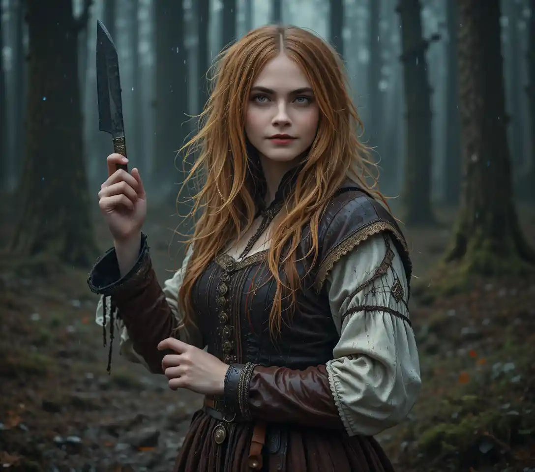 Red haired medieval woman defending in a dark forest
