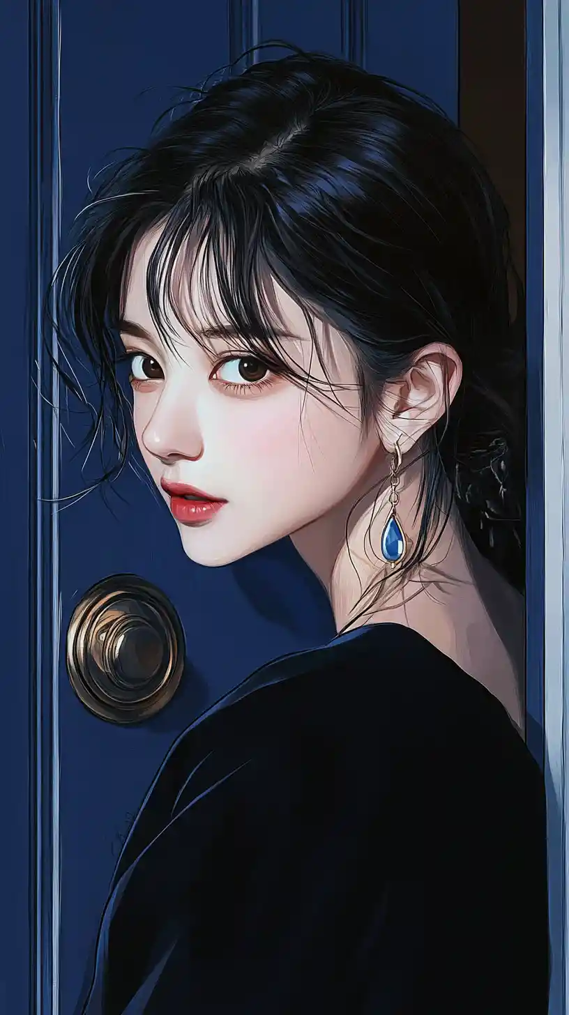 Smiling young woman peeking from behind a dark blue door