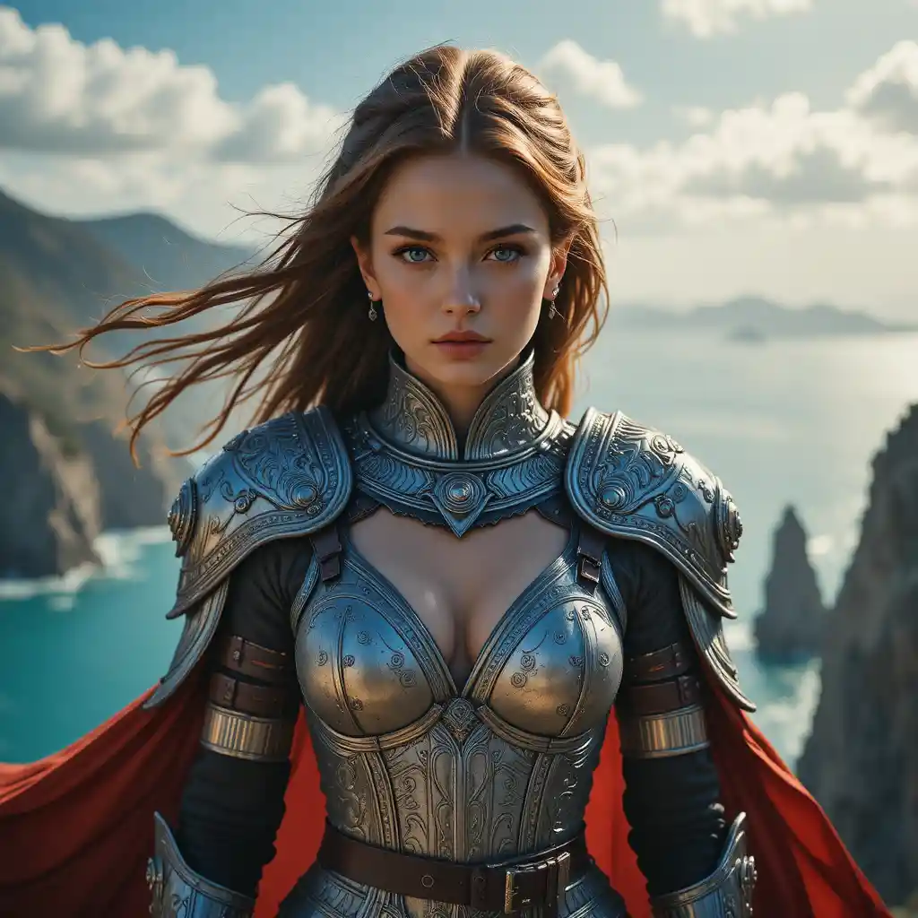 Guerriera fantasy su una scogliera costiera sferzata dal vento al tramonto