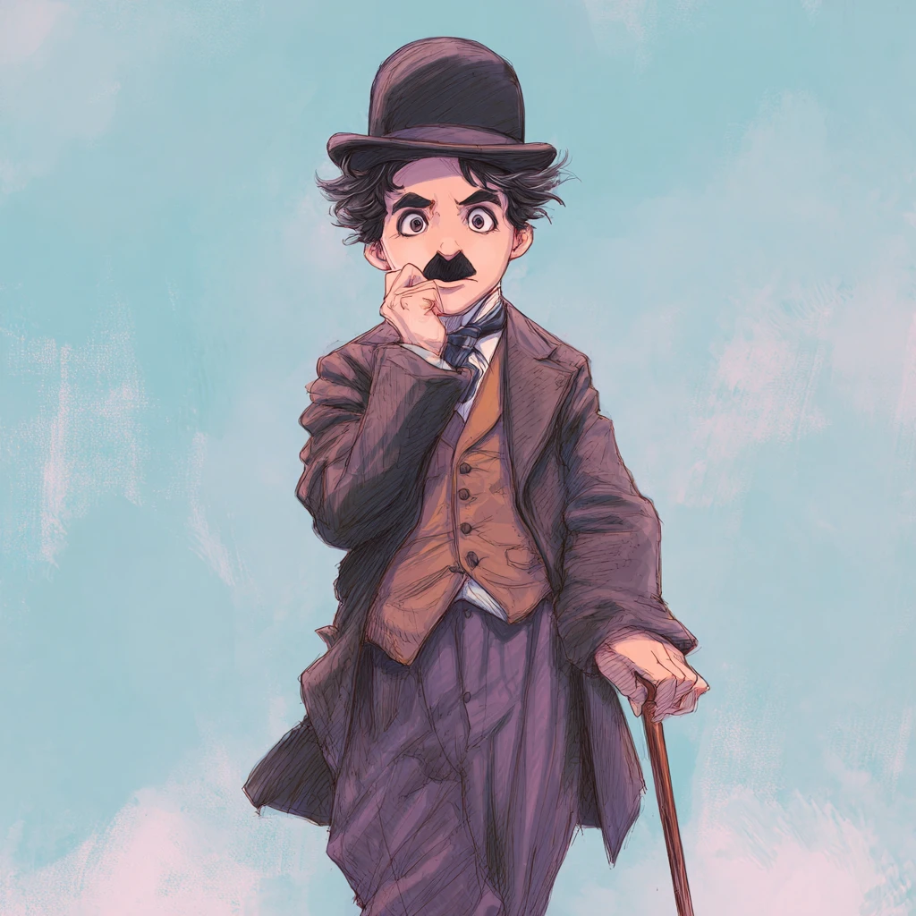 Figura de anime estilo Chaplin de pie con bastón sobre fondo azul pastel