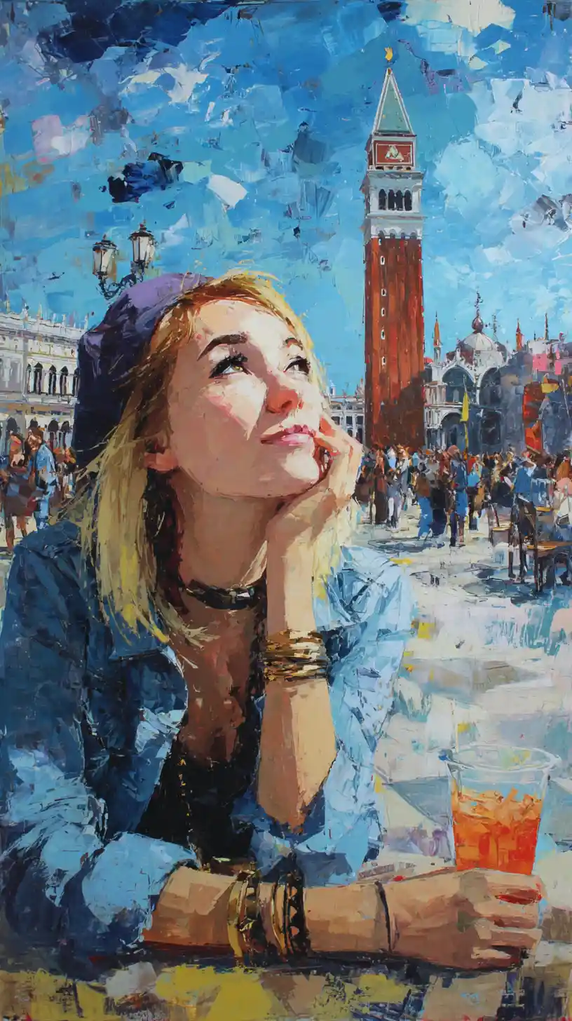 Pensive blonde girl at a busy city square cafe table